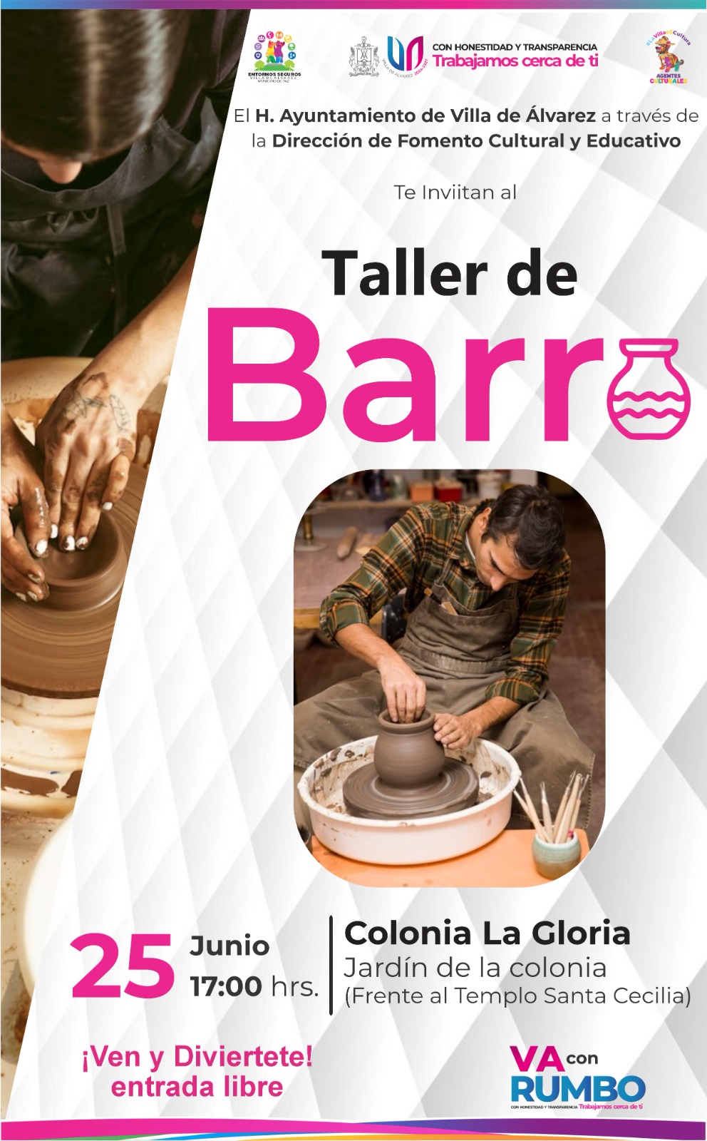 ¡Manos a la obra! Únete a nuestro Taller de Barro en la colonia #LaGloria 

Descubre el arte de moldear, crea con tus propias manos y dale vida a piezas únicas. ¡Te esperamos el miércoles  25 de junio, a las  5:00 p.m.  en el jardín de la colonia (frente al templo Santa Cecilia)

En #LaVilla hay #InvasiónCultura #SomosAgentesCulturales