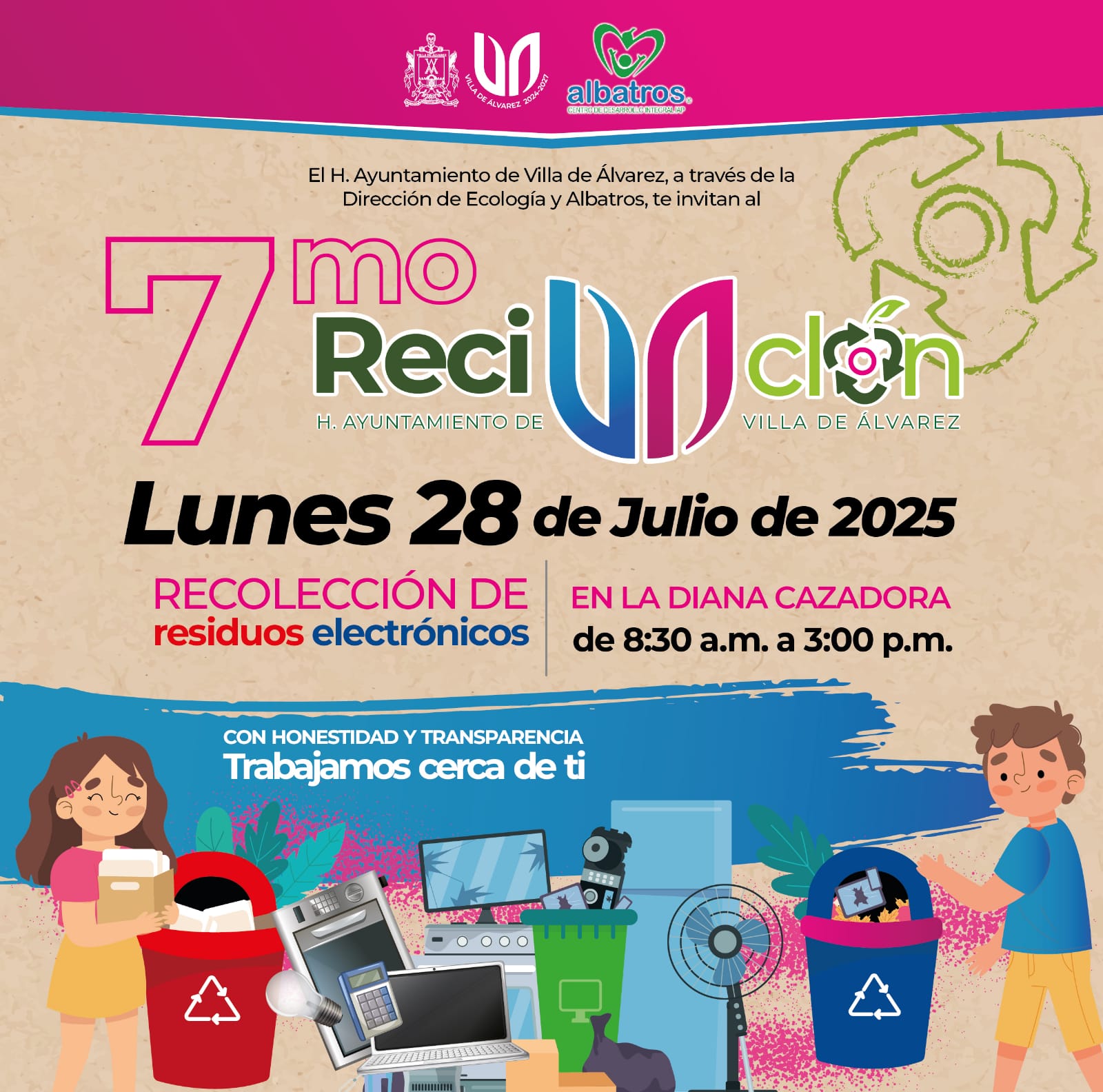 Únete al 7mo. #Reciclón 2025 del Ayuntamiento de #VillaDeÁlvarez a través de la Dirección de Ecología y Albatros, Centro de Desarrollo Integral IAP.

Contribuye con nosotros para lograr un municipio más sostenible. 
Te esperamos con todos tus electrónicos y electrodomésticos en desuso

La Villa, #VaConRumbo por un municipio más sostenible