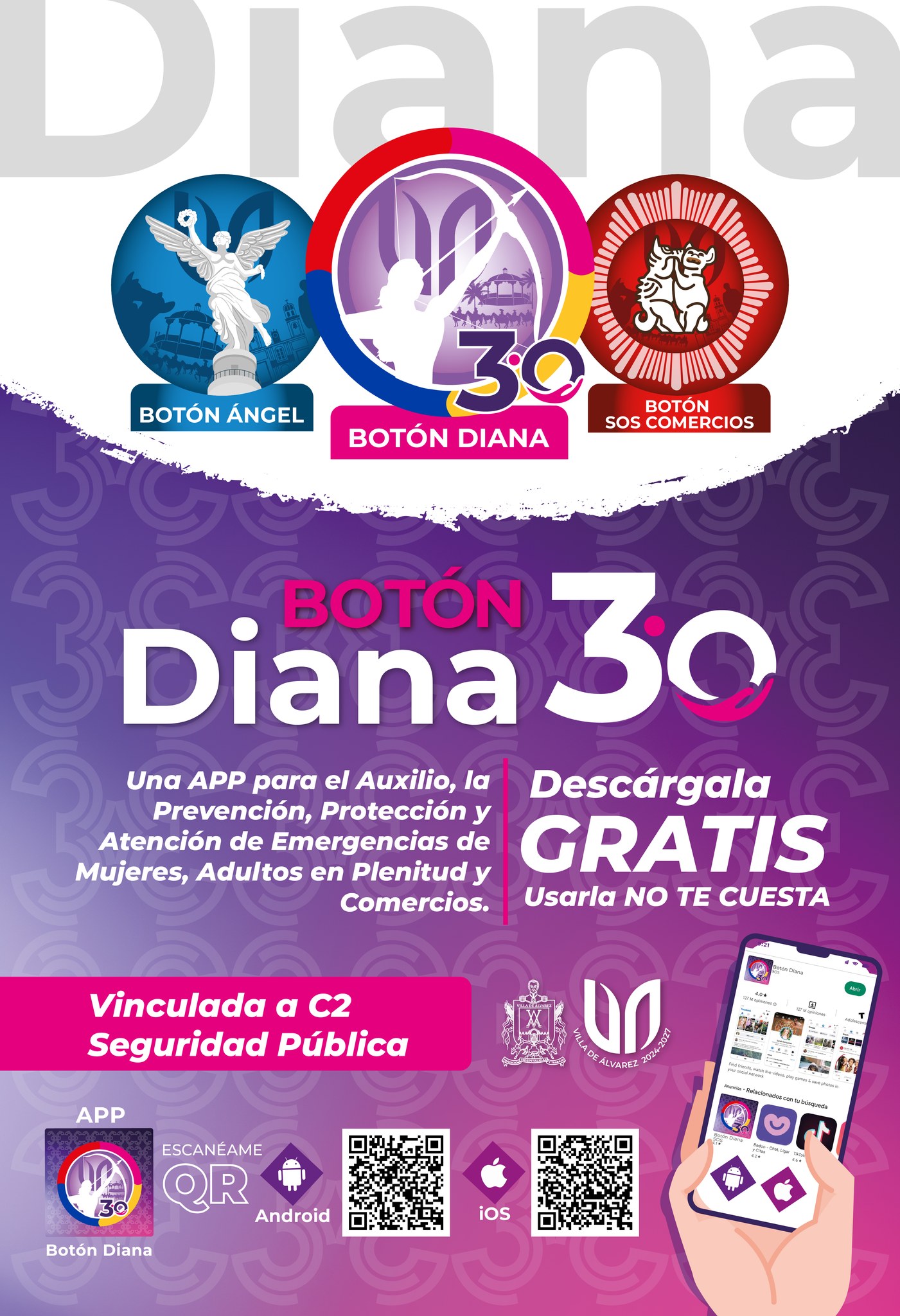 #Entérate | Con el relanzamiento del #BotónDiana 3.0 estamos incluyendo en una sola APP la atención de emergencias y prevención para mujeres, personas adultas mayores y comercios. 
¡Conócela y descarga! #VAconRumbo

La aplicación está disponible en Play Store, para dispositivos móviles Android, y en iStore, para iPhone, la cual puede descargarse de manera gratuita, y una vez hecho el registro en la misma, con solo dar click en el botón de emergencias, ya se envió la señal al Centro de Coordinación Policial.

Botón Diana 3.0 no sustituye al 911, número telefónico de emergencia, es un complemento, para que la población elija la opción que desee para informar de un acontecimiento, pero para la Dirección de Seguridad Pública ambas son muy importantes.

#VAconRumbo
#VAmosXMás