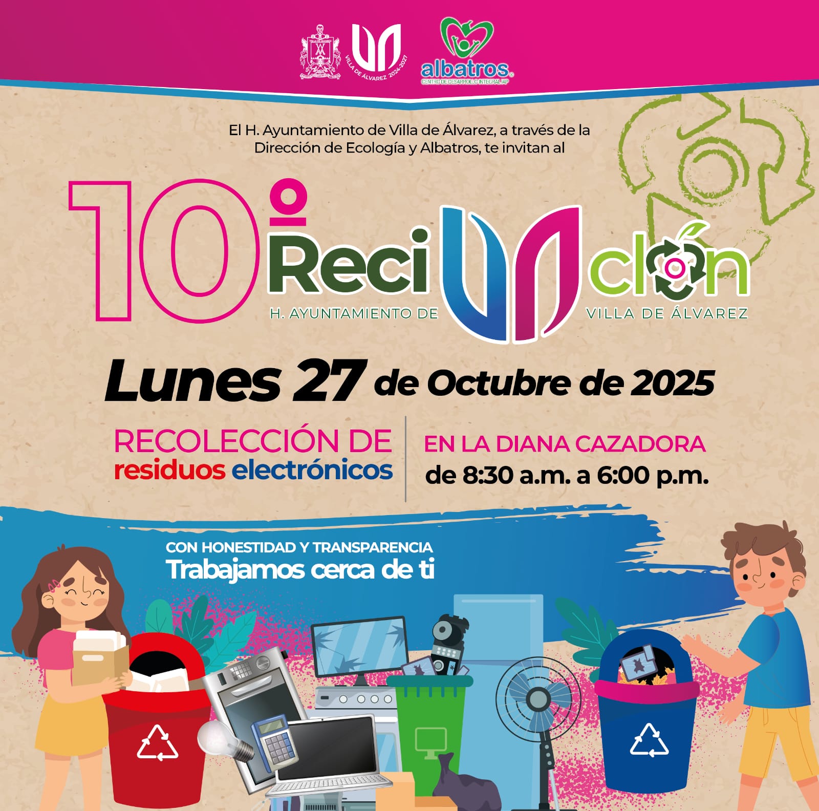 ¡No te llenes de basura electrónica! Ven y recicla con nosotros los aparatos eléctricos y electrónicos que ya no funcionan y que en casa se han convertido en basura.

¡Tus aparatos viejos pueden dar vida, sé parte de nuestro 10o. Reciclón 2025! Traelos este lunes 27 de octubre a nuestro centro de acopio para reciclar sus componentes y cuidar nuestro entorno.

Explanada de la Diana Cazadora
De 8:30 a.m. a 6:00 p.m.
¡Ayudemos todos a nuestro planeta!
#VAconRumbo