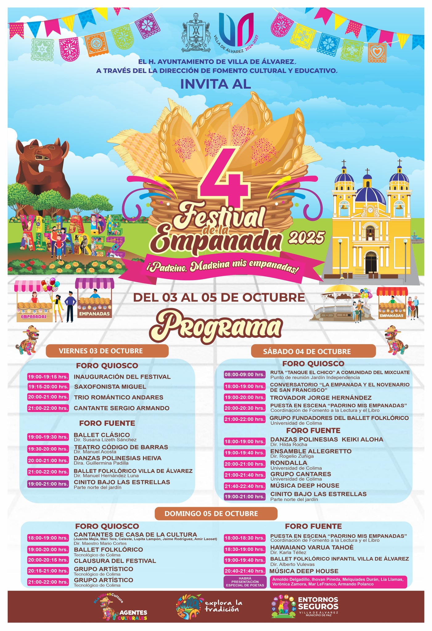 ¡Se parte del 4to Festival de la Empanada en Villa de Álvarez!
¡Ven con tu familia y disfruta de uno de los sabores más tradicionales de nuestra tierra!

 Lugar: Jardín Independencia
Fecha: del 3 al 5 de octubre

Te invitamos a disfrutar de:

-Música en vivo
-Expositores locales
-Degustaciones
-Actividades para toda la familia

¡Te esperamos para saborear las mejores empanadas de la región!