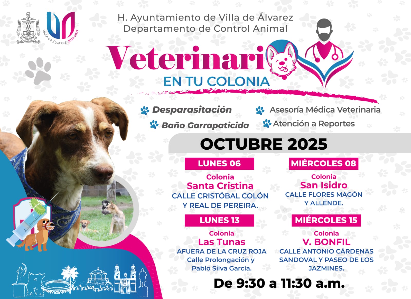 Atención colonias #SantaCristina San Isidro #LasTunas y #VBonfil
El Gobierno de #VillaDeÁlvarez, te invita al Programa Veterinario En tu Colonia con los servicios gratuitos para tus mascotas:

Desparasitación
Baño garrapaticida
Atención a reportes
Asesoría médica veterinaria

Cuidar de tus mascotas también es cuidar de tu familia.

¡Te esperamos!

#VAmosXMás #VAconRumbo
Revisa aquí fechas y horarios