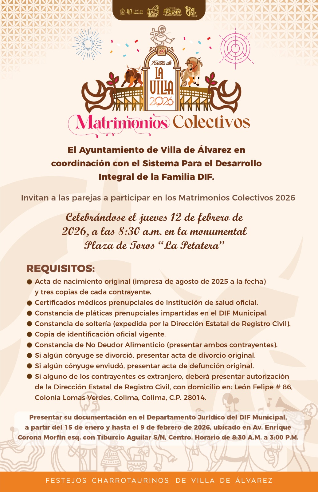 ¡El amor llega a La Petatera!

Ven y cásate en el corazón de nuestras tradiciones este 12 de febrero en los Matrimonios Colectivos 2026.

Los trámites municipales serán GRATUITOS (actas, constancias de soltería y ceremonia). Además, habrá grandes sorpresas y sorteos de ajuares de novia, anillos, maquillaje y peinados, de parte de nuestros patrocinadores.

Inscripciones: En el DIF Municipal, de 8:30 am a 3:00 pm.