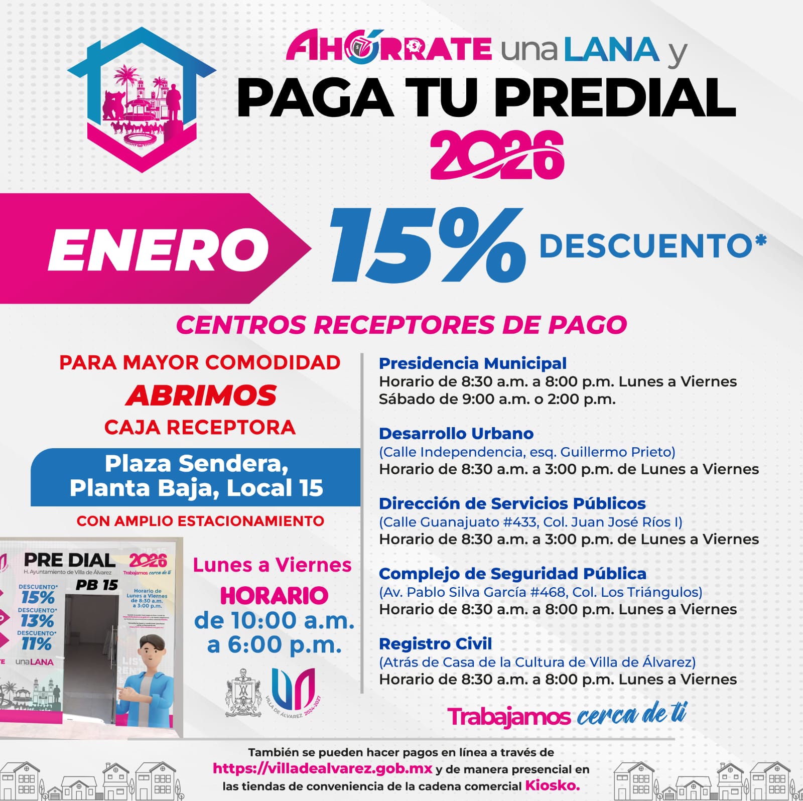¡Aprovecha los incentivos fiscales! 
En #VillaDeÁlvarez puedes realizar tus pagos antes del 31 de diciembre y aprovechar estos beneficios para las y los contribuyentes: descuentos de hasta el 100% en multas y recargos, pago en parcialidades para mayor comodidad y paga tus infracciones viales con el 50% de descuento en multas y recargos. 
Consulta todos los detalles y ubica los centros receptores de pago en el siguiente enlace:
